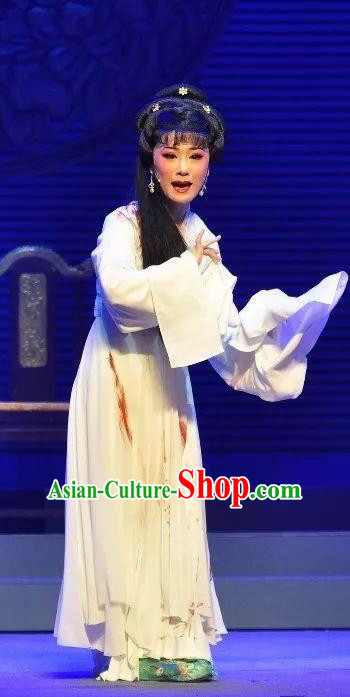 Chinese Shaoxing Opera Distress Maiden Garment Costumes and Headdress Palm Civet for Prince Yue Opera Imperial Consort Li White Dress Apparels
