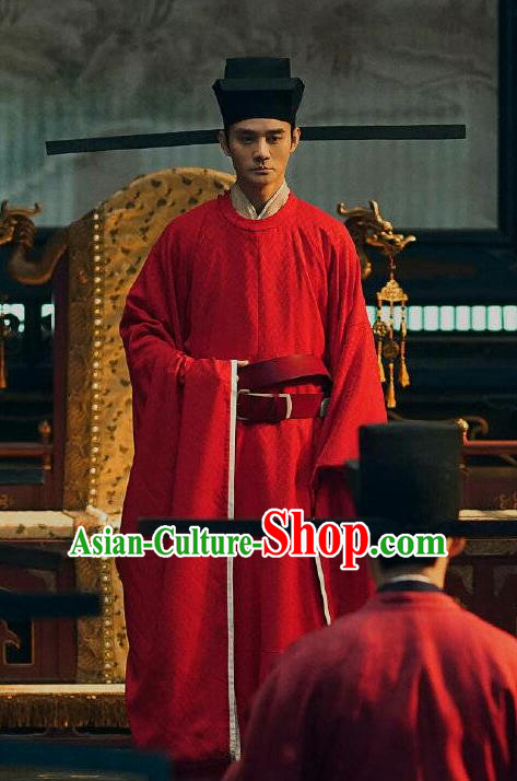 Traditional Chinese Ancient Renzong Zhao Zhen Historical Costumes Drama Serenade of Peaceful Joy Song Dynasty Emperor Imperial Robe and Hat