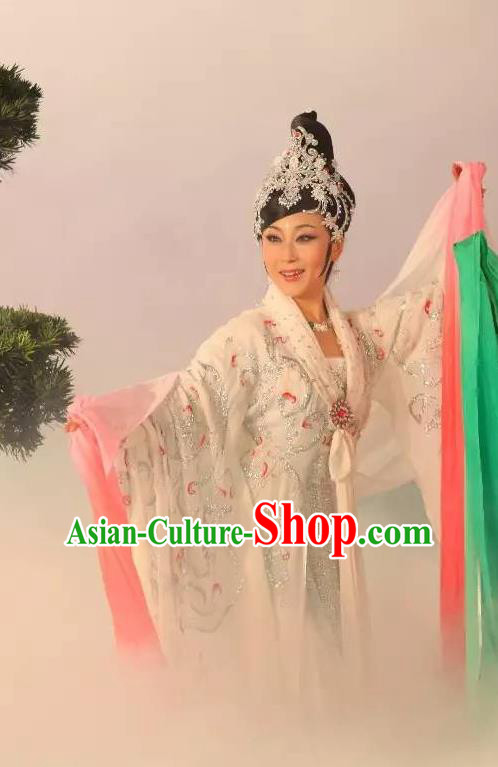 Chinese Shaoxing Opera Fairy Bai Suzhen Garment Costumes and Headdress Legend of White Snake Yue Opera Hua Tan Actress Dress Apparels
