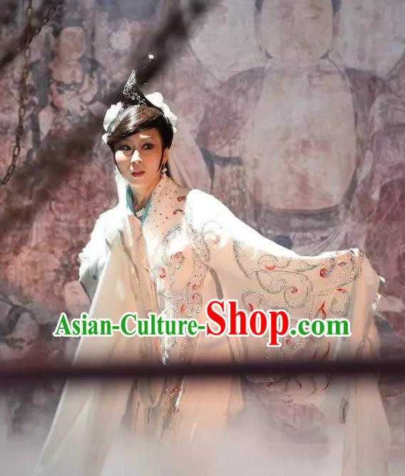 Chinese Shaoxing Opera Fairy Bai Suzhen Garment Costumes and Headdress Legend of White Snake Yue Opera Hua Tan Actress Dress Apparels