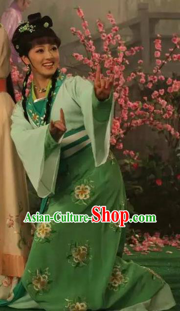 Chinese Shaoxing Opera Servant Girl Garment Apparels and Headpieces Legend of White Snake Yue Opera Xiao Dan Green Dress Costumes