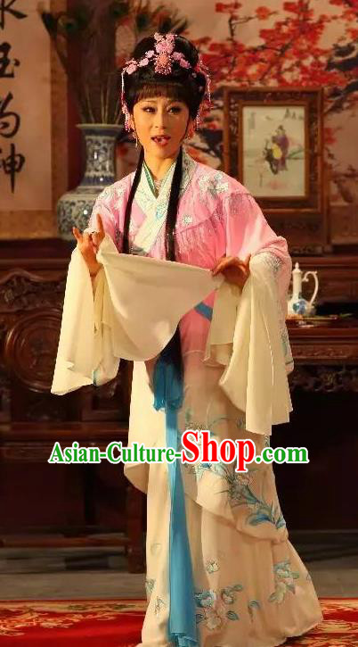 Chinese Shaoxing Opera Actress Bai Suzhen Garment Apparels Costumes and Headpieces Legend of White Snake Yue Opera Hua Tan Dress