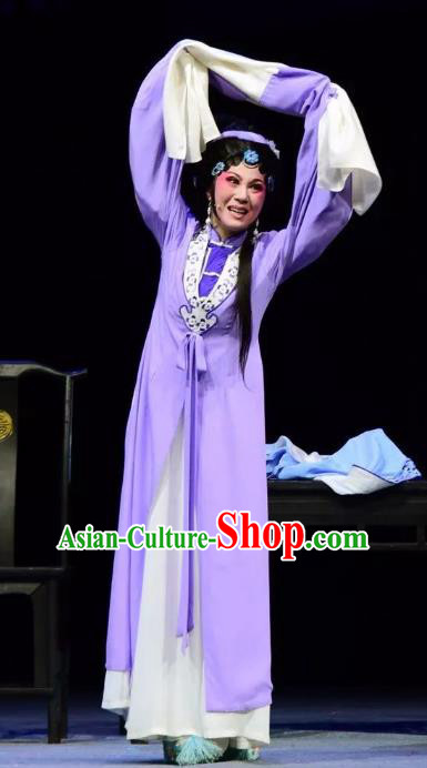 Chinese Shaoxing Opera Actress Qin Xianglian Purple Dress Costumes and Headdress Xianglian Case Yue Opera Distress Maiden Garment Apparels