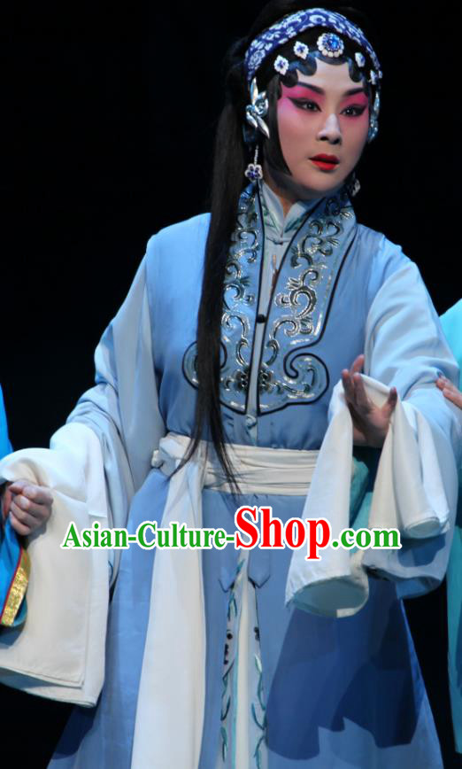Xianglian Case Chinese Shaoxing Opera Distress Maiden Actress Qin Xianglian Blue Apparels Costumes and Headdress Yue Opera Tsing Yi Garment