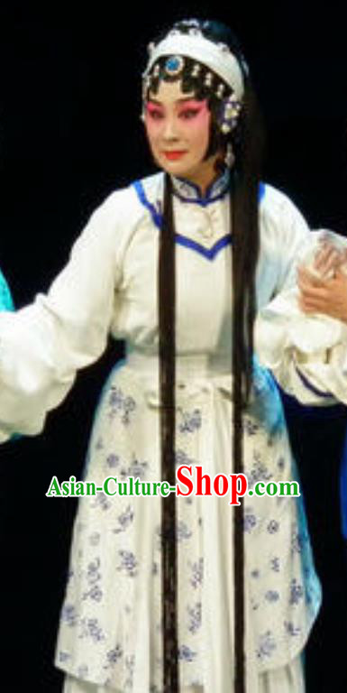 Chinese Shaoxing Opera Actress White Dress Costumes and Headdress Xianglian Case Yue Opera Tsing Yi Garment Distress Maiden Apparels