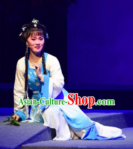 Chinese Shaoxing Opera Village Girl Blue Dress Costumes and Headpieces Hu Po Yuan Yue Opera Country Woman Jin Sulan Garment Apparels