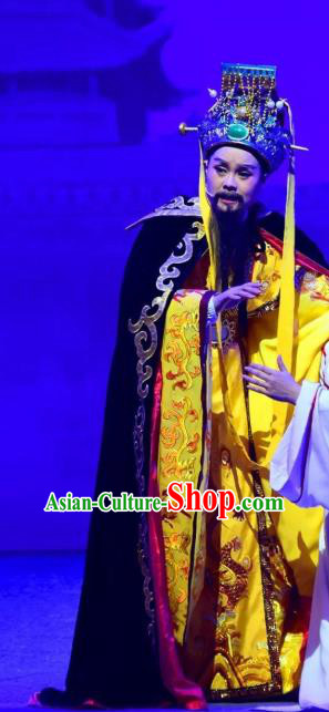 Chinese Yue Opera Elderly Male Laosheng Apparels and Headwear Hu Po Yuan Shaoxing Opera Garment Costumes Emperor Embroidered Robe