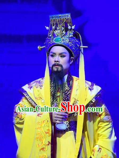 Chinese Yue Opera Elderly Male Laosheng Apparels and Headwear Hu Po Yuan Shaoxing Opera Garment Costumes Emperor Embroidered Robe