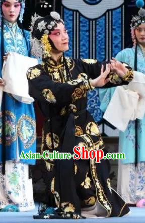 Chinese Shaoxing Opera Wu Dan Dress Apparels Costumes and Headdress Bai Sui Gua Shuai Yue Opera Martial Female Black Garment