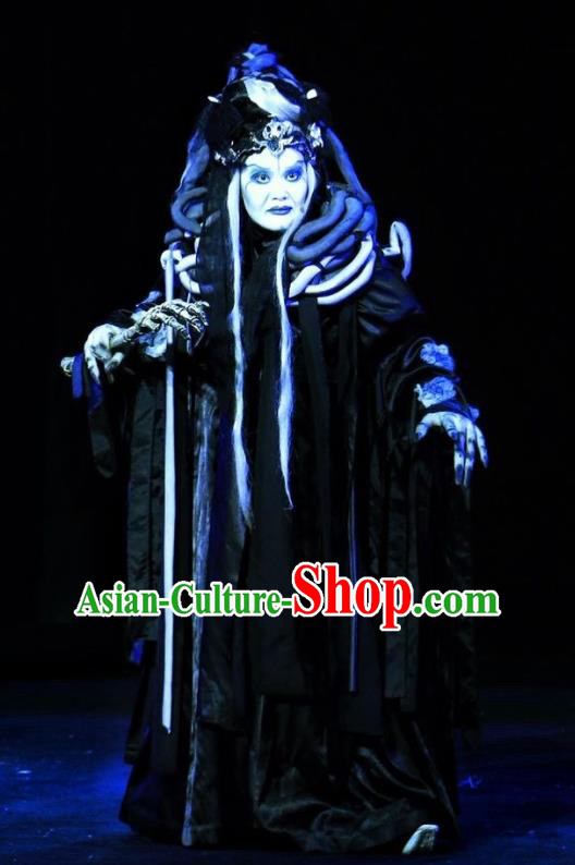 A Chinese Ghost Story Shaoxing Opera Monster Heishan Apparels Costumes and Headdress Yue Opera Elderly Woman Dress Garment