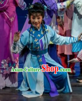 Chinese Shaoxing Opera Young Female Blue Dress Garment Apparels and Headdress Lu Ding Ji Yue Opera Actress Costumes