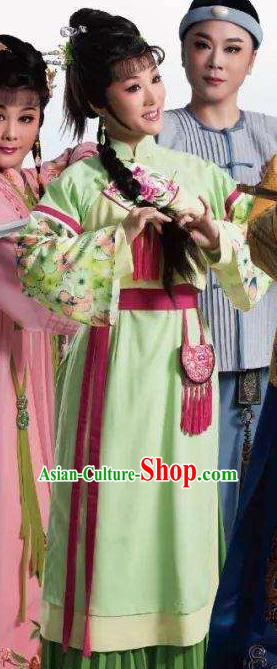 Chinese Shaoxing Opera Female Swordsman Green Dress Garment Apparels and Headdress Lu Ding Ji Yue Opera Young Lady Costumes