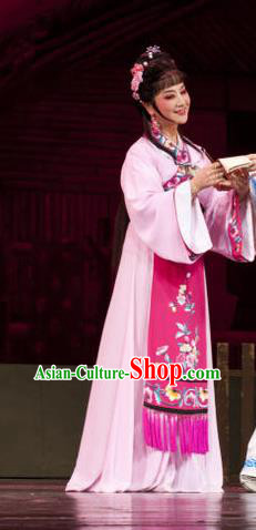 Chinese Shaoxing Opera Young Female Pink Dress Apparels and Headpieces Huang Dao Po Yue Opera Woman Weaver Garment Costumes