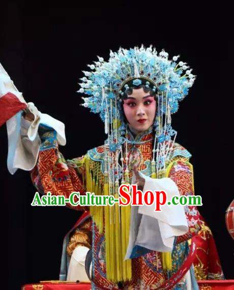 Chinese Shaoxing Opera Hua Tan Mu Guiying Apparels Costumes and Headdress Bai Sui Gua Shuai Yue Opera Actress Ceremonial Robe Garment