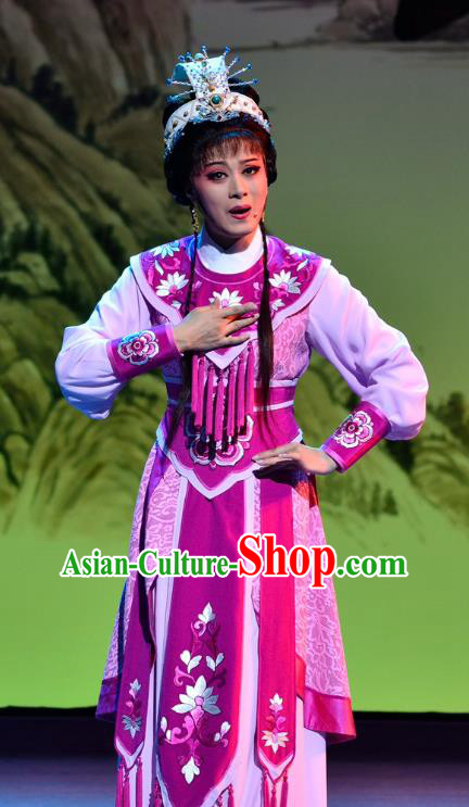 Chinese Shaoxing Opera Martial Girl Pai Yin Costumes and Headdress Yue Opera Mrs Dayi Actress Young Lady Purple Dress Garment Apparels