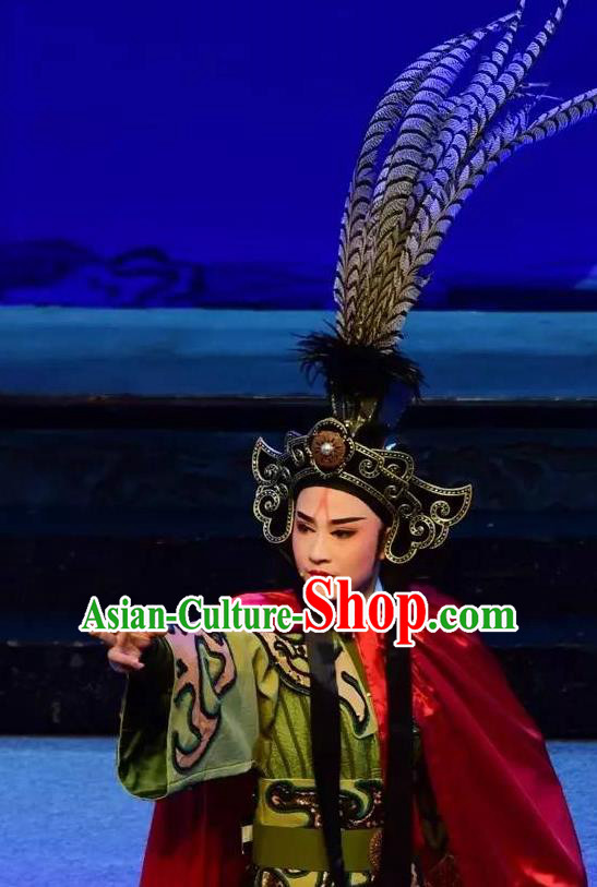 Mrs Dayi Chinese Yue Opera Takefu Martial Male Garment Costumes and Headwear Shaoxing Opera Wusheng Green Apparels
