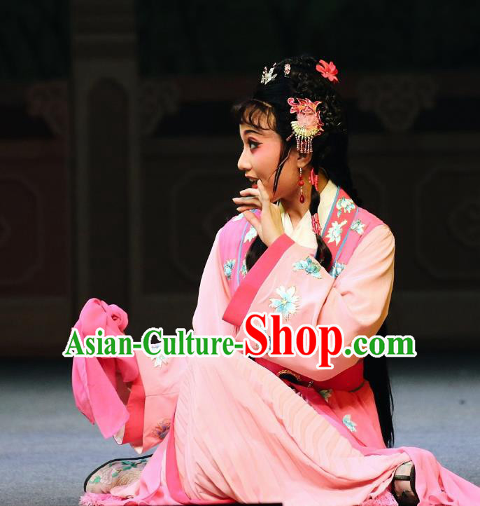 Chinese Shaoxing Opera Young Lady Pink Dress Apparels Costumes and Headpieces Chun Cao Yue Opera Servant Girl Garment