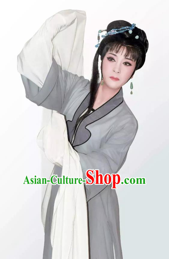 Chinese Shaoxing Opera Tsing Yi Fengxue Hanmei Li Sanniang Dress Costumes and Headdress Yue Opera Actress Distress Maiden Garment Apparels