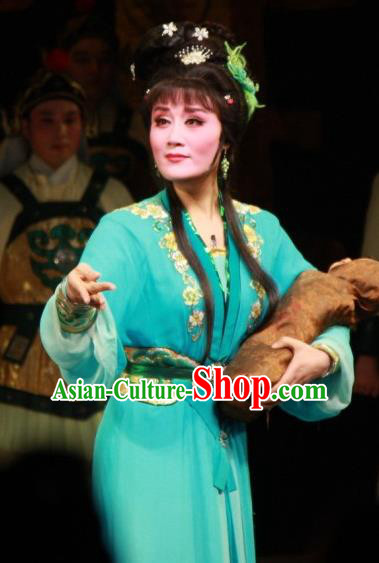 Chinese Shaoxing Opera Distress Maiden Fengxue Hanmei Li Sanniang Green Dress Costumes and Headpieces Yue Opera Actress Garment Apparels