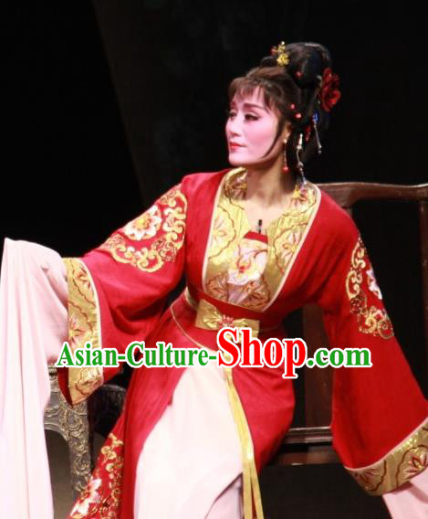 Chinese Shaoxing Opera Dan Role Fengxue Hanmei Li Sanniang Red Dress Costumes and Headpieces Yue Opera Actress Diva Garment Apparels