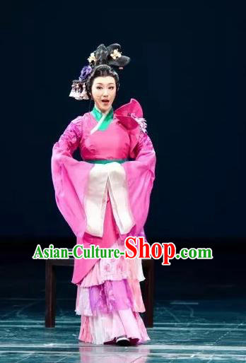 Chinese Shaoxing Opera Actress Rosy Dress Costumes and Headdress Three Charming Smiles Yue Opera Young Female Garment Apparels