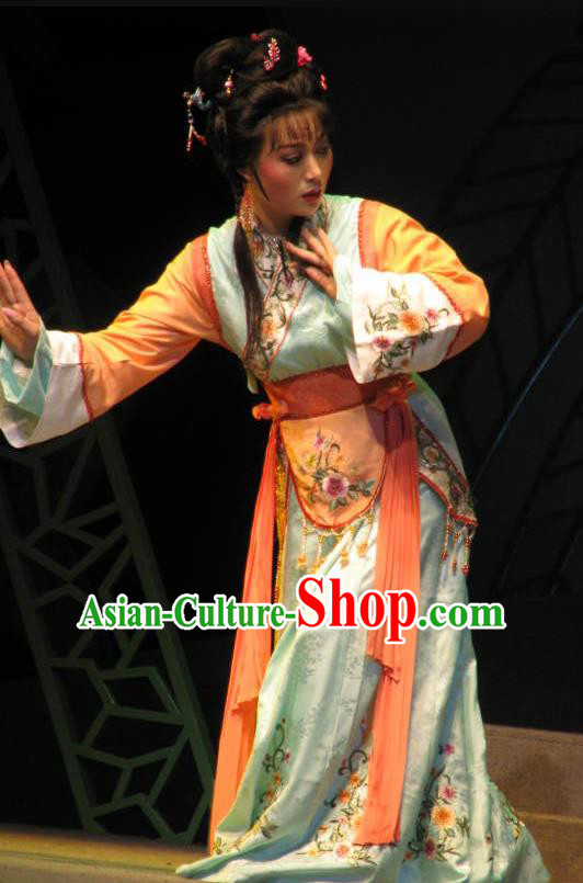 Chinese Shaoxing Opera Xiaodan Dress Costumes and Headdress Three Charming Smiles Yue Opera Young Female Garment Apparels