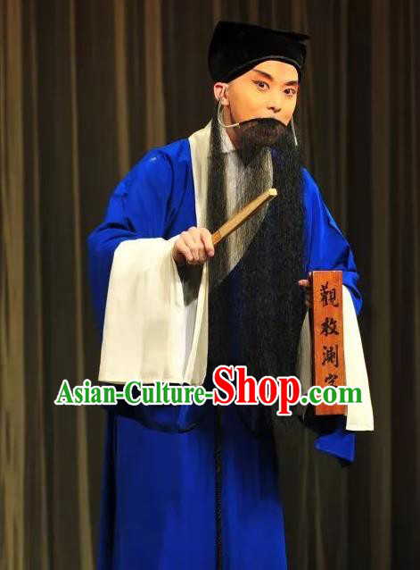 Chinese Kun Opera Elderly Male Blue Robe Costumes Fifteen Strings of Cash Garment and Headwear Kunqu Opera Soothsayer Apparels Clothing