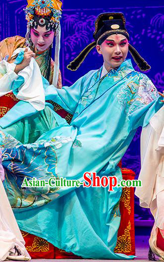 Chinese Kun Opera Scholar Young Male Costumes Nan Ke Dream Garment and Headwear Kunqu Opera Xiaosheng Chunyu Fen Blue Robe Apparels Clothing