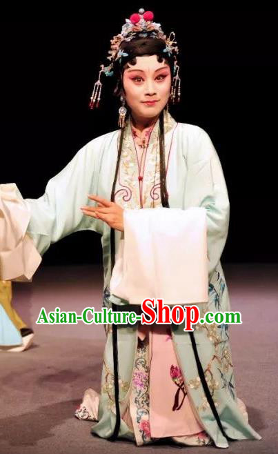Chinese Kun Opera Young Female Diva Dress Costumes and Headdress On A Wall and Horse Kunqu Opera Hua Tan Garment Apparels