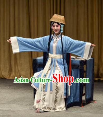 Chinese Kun Opera Country Woman Blue Dress Apparels Costumes and Headpiece Lan Ke Mountain Kunqu Opera Mistress Cui Garment