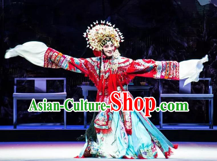 Chinese Kun Opera Imperial Consort Yang Red Dress Costumes and Headdress Rain on the Phoenix Tree Kunqu Opera Hua Tan Garment Apparels
