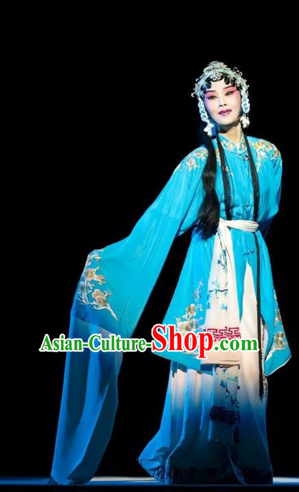 Chinese Kun Opera Tsing Yi Fu Guiying Dress Apparels Costumes and Headdress Burning Incense Kunqu Opera Distress Maiden Blue Garment