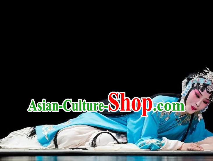 Chinese Kun Opera Actress Fu Guiying Blue Dress Apparels Costumes and Headdress Burning Incense Kunqu Opera Hua Tan Diva Garment