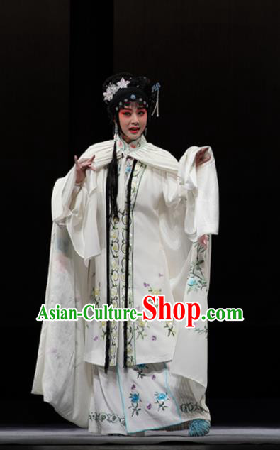 Chinese Kun Opera Actress Xue Baochai White Dress Apparels Costumes and Headdress Dream of Red Mansions Kunqu Opera Hua Tan Noble Lady Garment