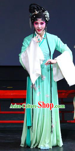 Chinese Kun Opera Hua Tan Li Daiyu Green Dress Apparels Costumes and Headpieces Dream of Red Mansions Kunqu Opera Noble Lady Actress Garment