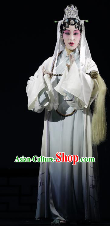 Chinese Kun Opera Taoist Nun Miao Yu Apparels Costumes and Headdress Dream of Red Mansions Kunqu Opera Young Beauty White Dress Garment