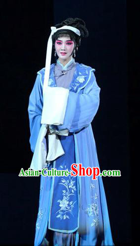 Chinese Kun Opera Tsing Yi Blue Dress Costumes and Headdress Dream of Red Mansions Kunqu Opera Distress Maiden Li Wan Garment Apparels