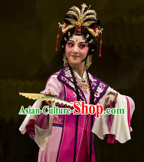 Chinese Kun Opera Noble Lady Wang Xifeng Apparels Costumes and Headdress Dream of Red Mansions Kunqu Opera Hua Tan Rosy Dress Garment