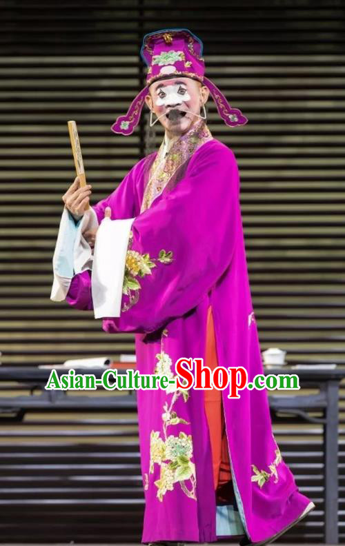 Chinese Kun Opera Chou Apparels Garment Costumes and Headwear the Legend of Washing the Silk Gauze Kunqu Opera Clown Purple Clothing