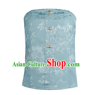 Chinese Traditional Ming Dynasty Blue Brocade Waistcoat Ancient Noble Lady Garment Corset Vest Historical Costumes