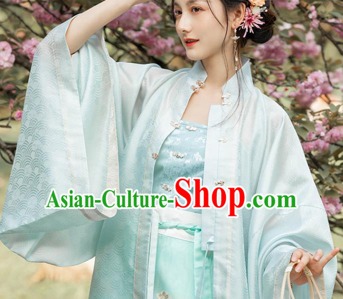 Chinese Traditional Ming Dynasty Blue Brocade Waistcoat Ancient Noble Lady Garment Corset Vest Historical Costumes