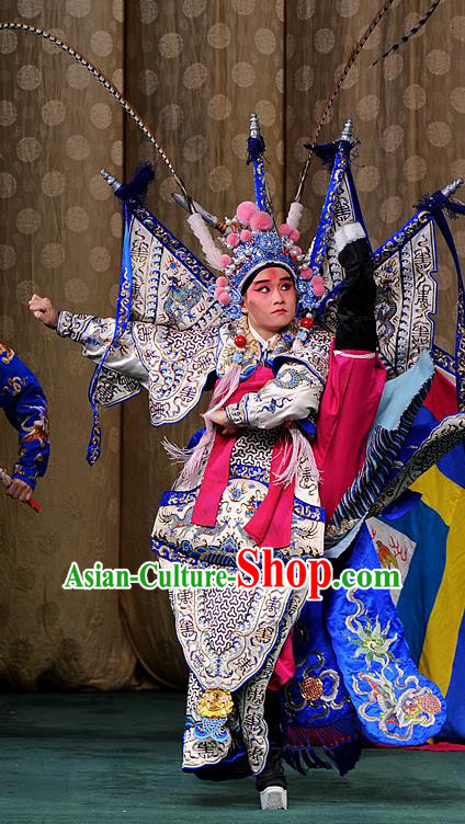 Interlocking Stratagem Chinese Kun Opera Martial Soldier Lv Bu Apparels Garment Costumes and Headwear Kunqu Opera General Kao Armor Suit with Flags