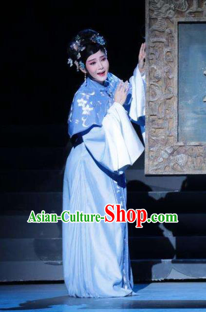 Chinese Kun Opera Hua Tan Wan Qiu Blue Dress Diva Apparels Costumes and Headdress Rong Bao Zhai Kunqu Opera Young Lady Garment
