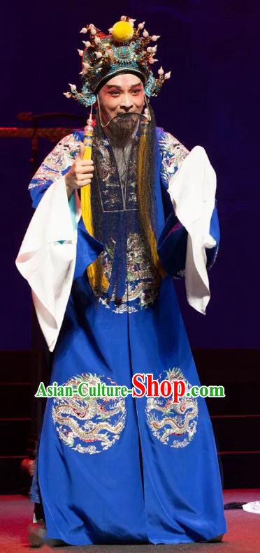 Jing Yang Zhong Chinese Kun Opera Emperor Chongzhen Blue Embroidered Robe Costumes and Headwear Kunqu Opera Laosheng Garment Elderly Male Apparels