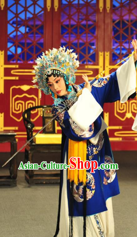 Chinese Kun Opera Actress Empress Blue Apparels Costumes and Headdress Jing Yang Zhong Traditional Kunqu Opera Queen Dress Hua Tan Garment