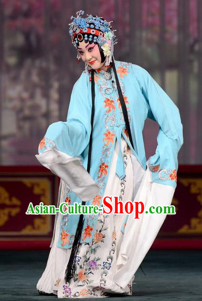 Chinese Kun Opera Hua Tan Du Liniang Blue Dress Apparels and Headdress Dream in The Garden Traditional Kunqu Opera Garment Actress Costumes