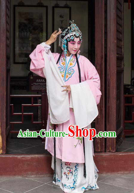 Chinese Kun Opera Young Female Du Liniang Pink Dress Apparels and Headdress Dream in The Garden Traditional Kunqu Opera Hua Tan Garment Costumes