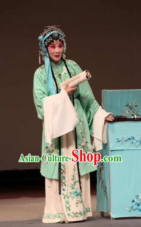 Chinese Kun Opera Young Female Qiao Xiaoqing Green Apparels Costumes and Hair Accessories Liao Du Geng Traditional Kunqu Opera Actress Dress Consort Garment