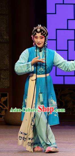Chinese Kun Opera Young Girl Blue Dress Apparels and Headdress Full Bed Wat Traditional Kunqu Opera Servant Lady Garment Costumes