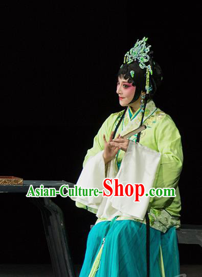 Chinese Kun Opera Young Lady Green Apparels Costumes and Hair Accessories Continue the Pipa Traditional Kunqu Opera Hua Tan Cai Wenji Dress Garment